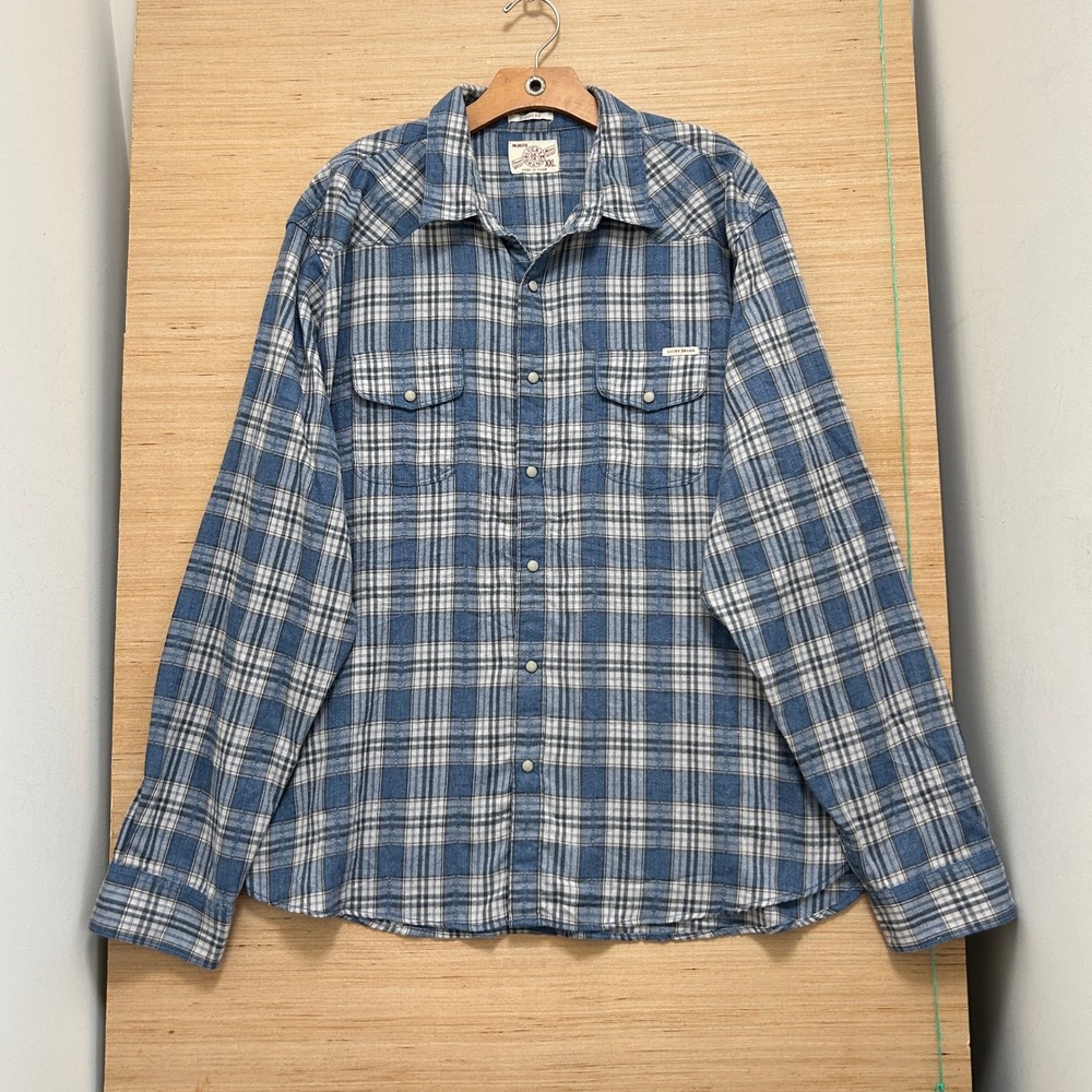 Lucky Brand Mens XXL Blue Plaid Western Pearl Snap Flannel Shirt Classic Fit